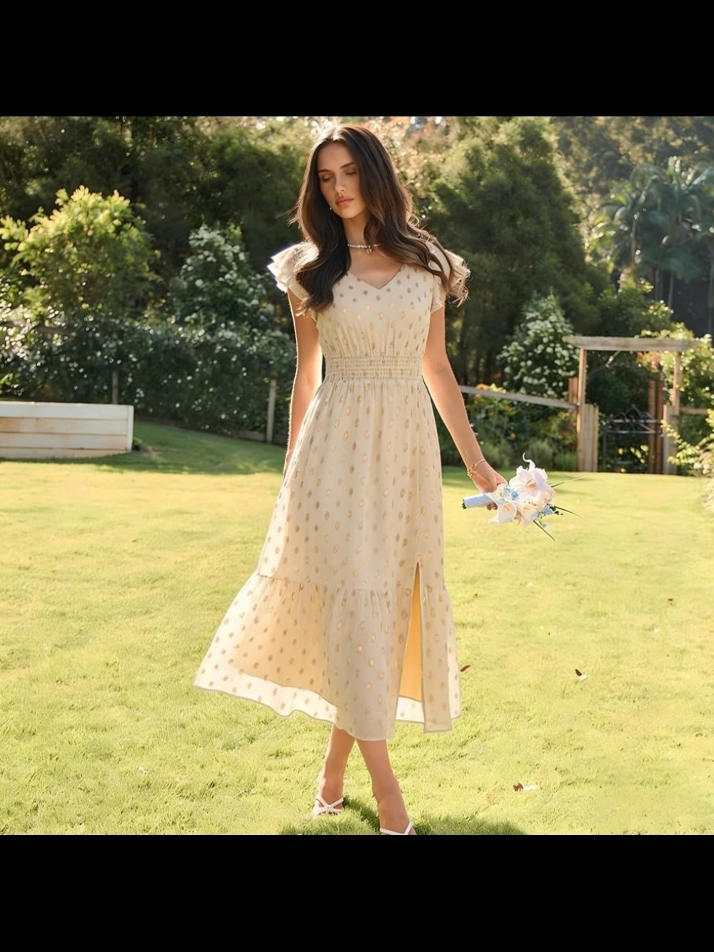 Grace Karin Cream Midi Dress with Gold Dot Accents
